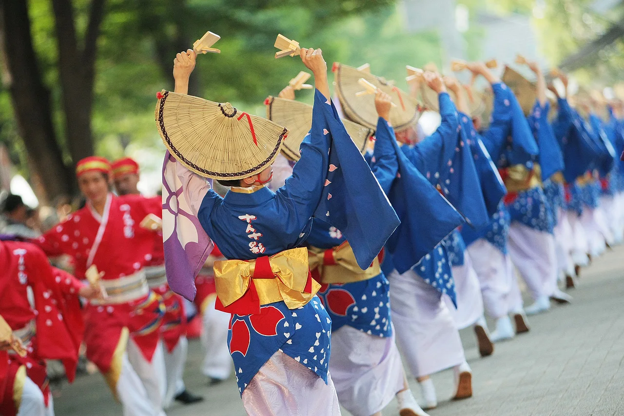 Super Yosakoi dancers performing on a Harajuku street
