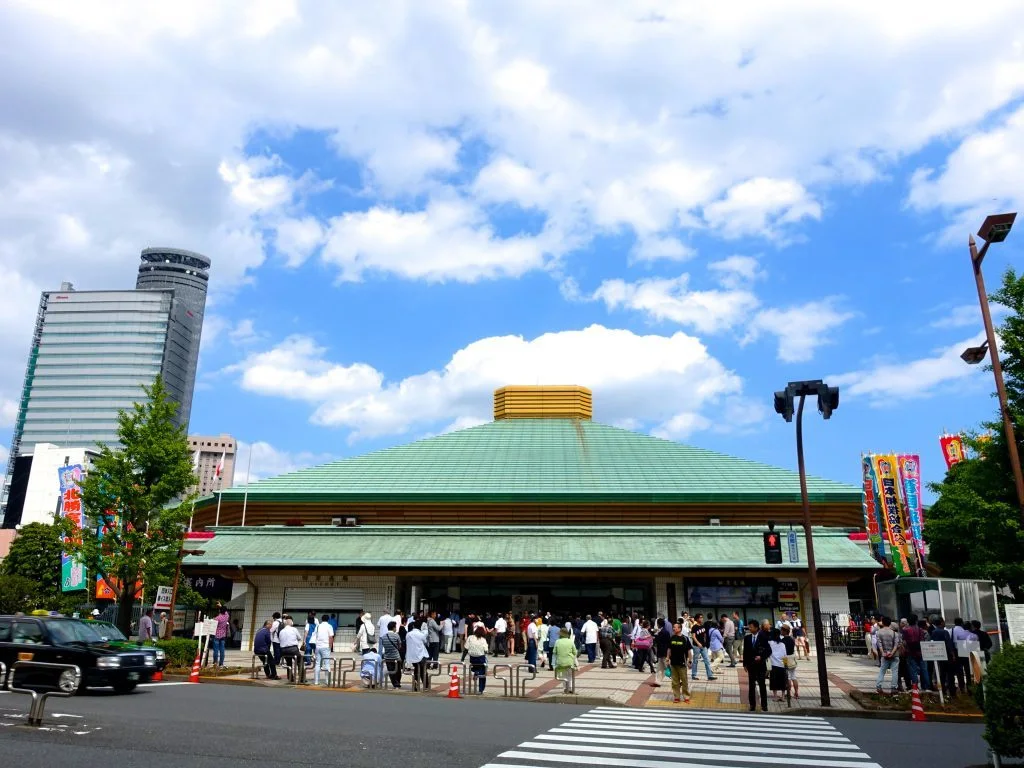 Ryogoku Kokugikan seating view showing traditional masu boxes and the sumo ring