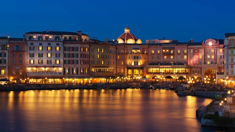 Tokyo DisneySea Hotel MiraCosta and Porto Paradiso waterfront, the setting behind the room-view categories