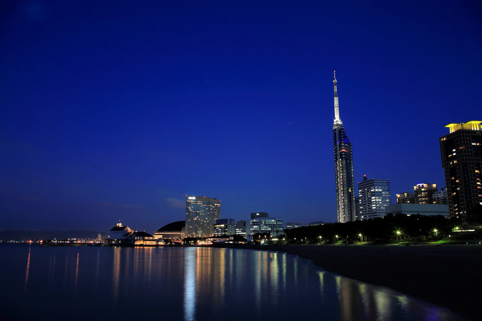 Fukuoka Tower rising above the Momochi waterfront, the free ground-level alternative to the observation deck