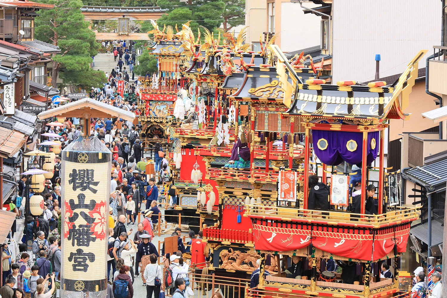 Takayama Autumn Festival float with carved woodwork and traditional decorations in central Takayama