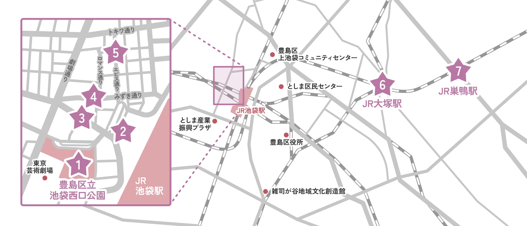 Official Tokyo Yosakoi venue map showing the central Ikebukuro venues and wider main-festival area