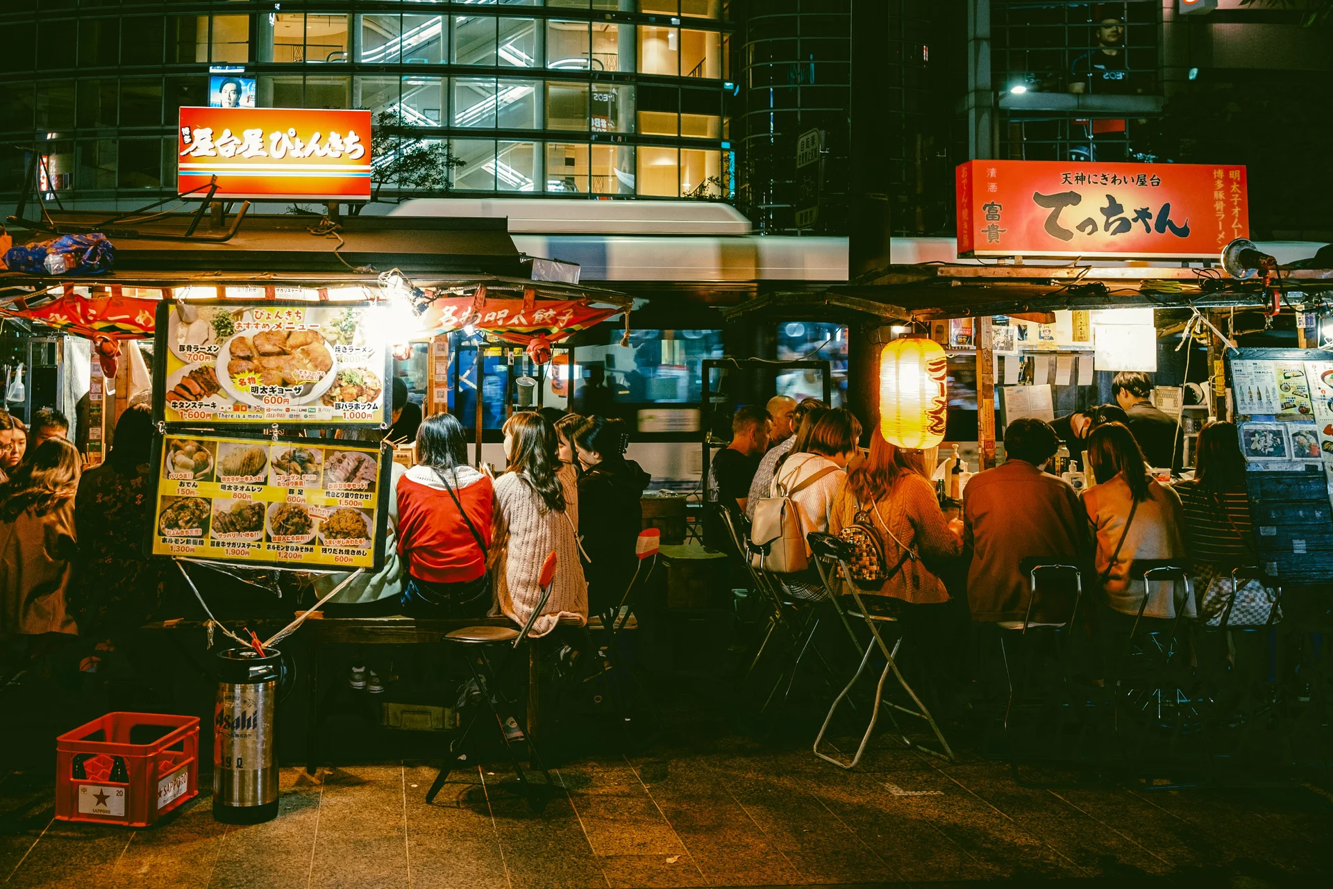 Nakasu riverfront at night in Fukuoka near yatai and entertainment streets