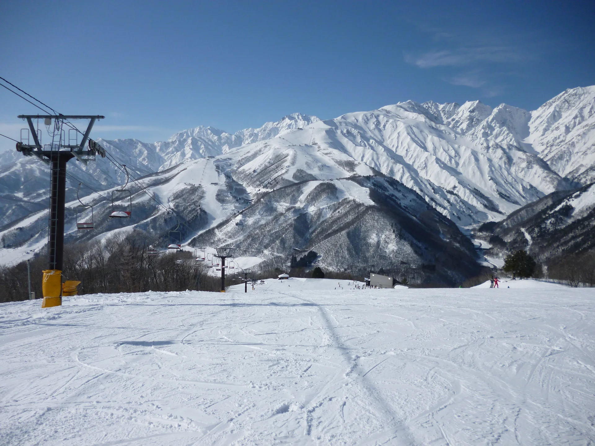 Hakuba Valley winter terrain viewed from Iwatake, illustrating the spread-out resort geography