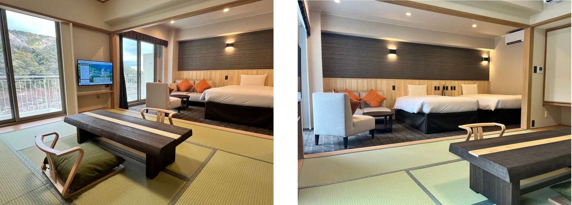Renovated Japanese-Western room at Yumoto Fujiya Hotel with beds and tatami seating