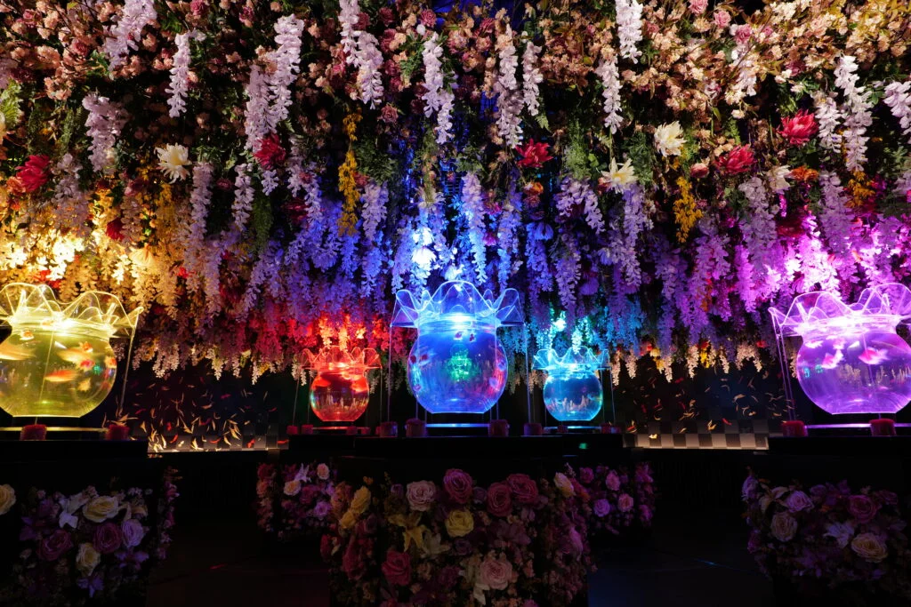 Temaririum floral goldfish installation at Art Aquarium Museum GINZA