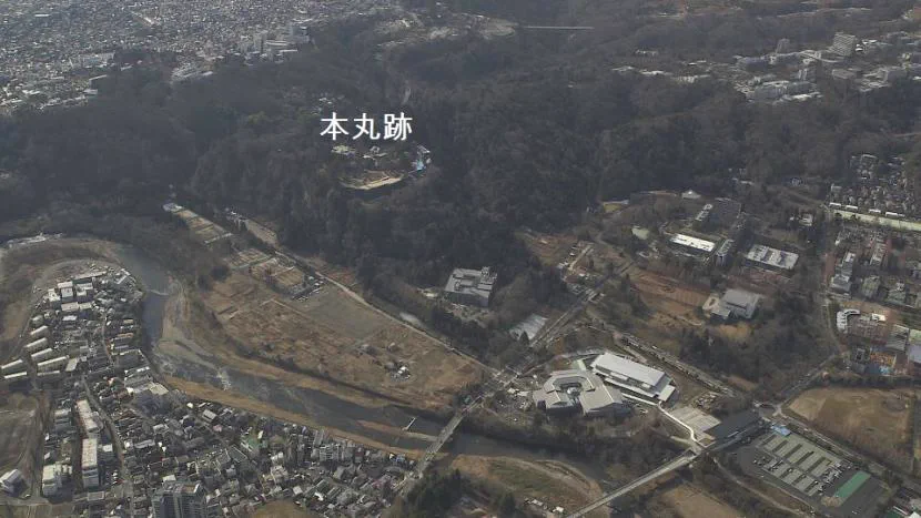 Aerial view of Sendai Castle Honmaru and Aobayama showing how the castle used the terrain