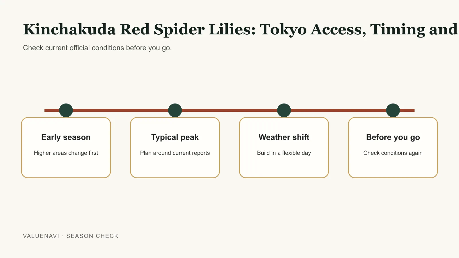 Decision flow for checking Kinchakuda red spider lily bloom status before travelling from Tokyo