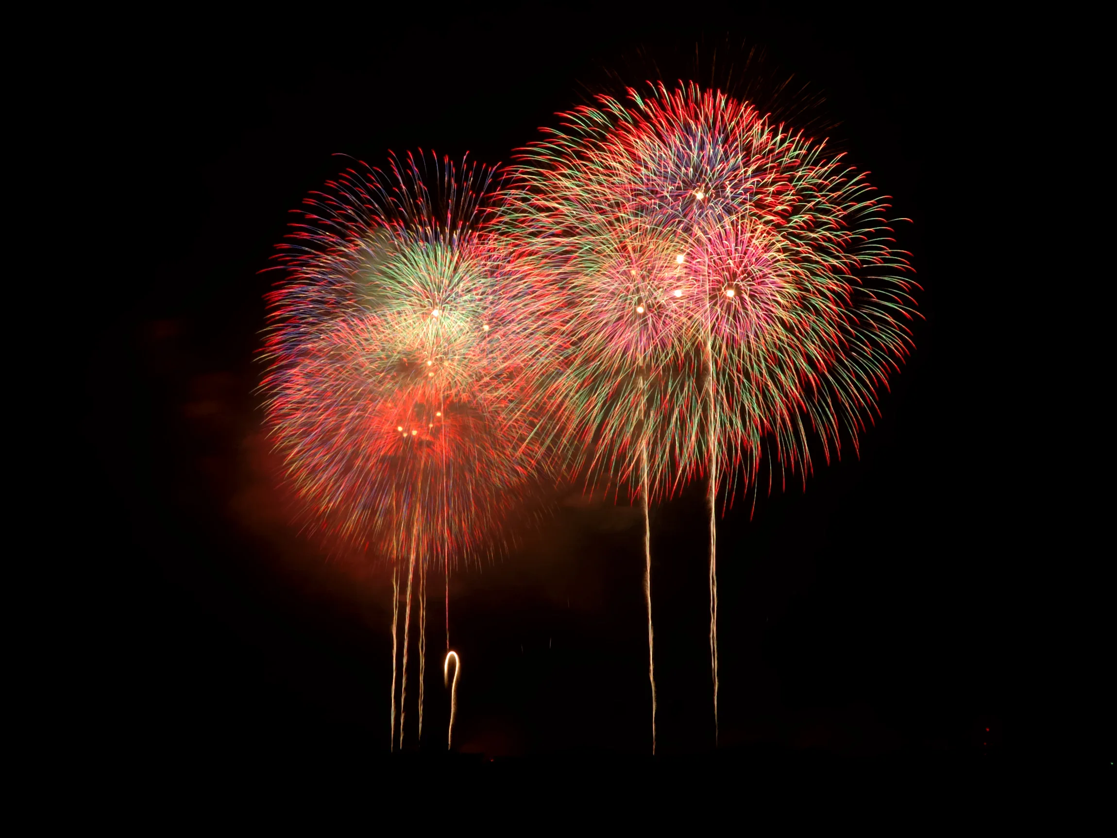 Phoenix fireworks spreading across the Shinano River at the Nagaoka Festival