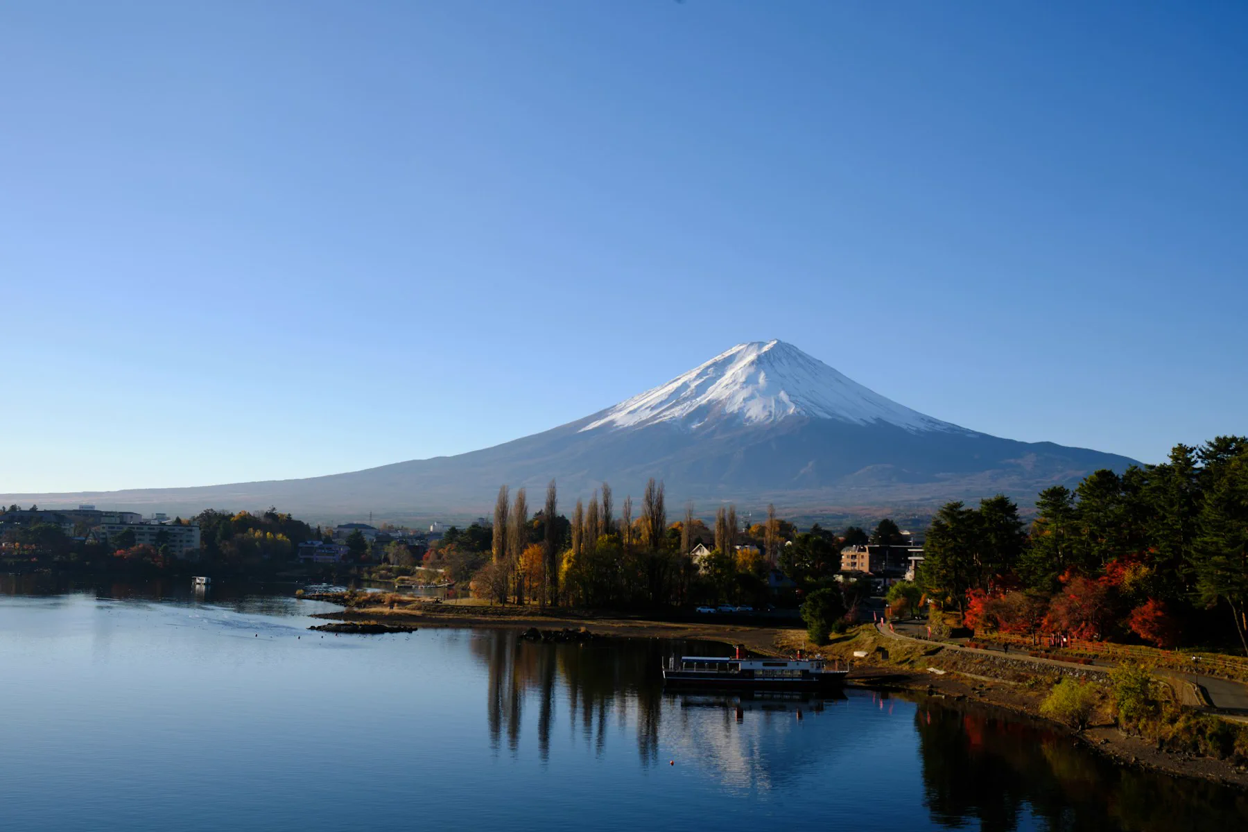 Lake Kawaguchiko and Mount Fuji as a single mountain overnight from Tokyo