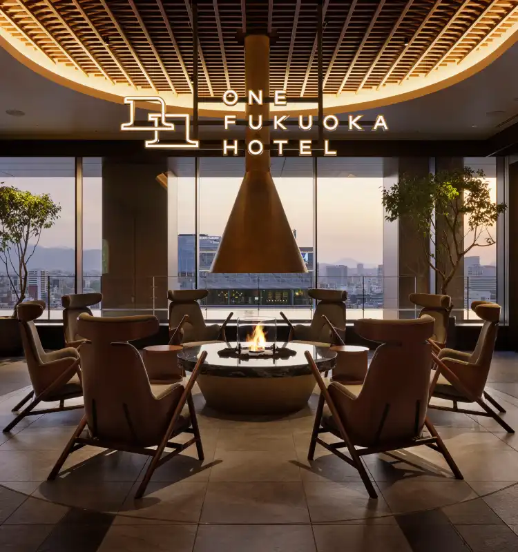 ONE FUKUOKA HOTEL high-floor common area and fireplace