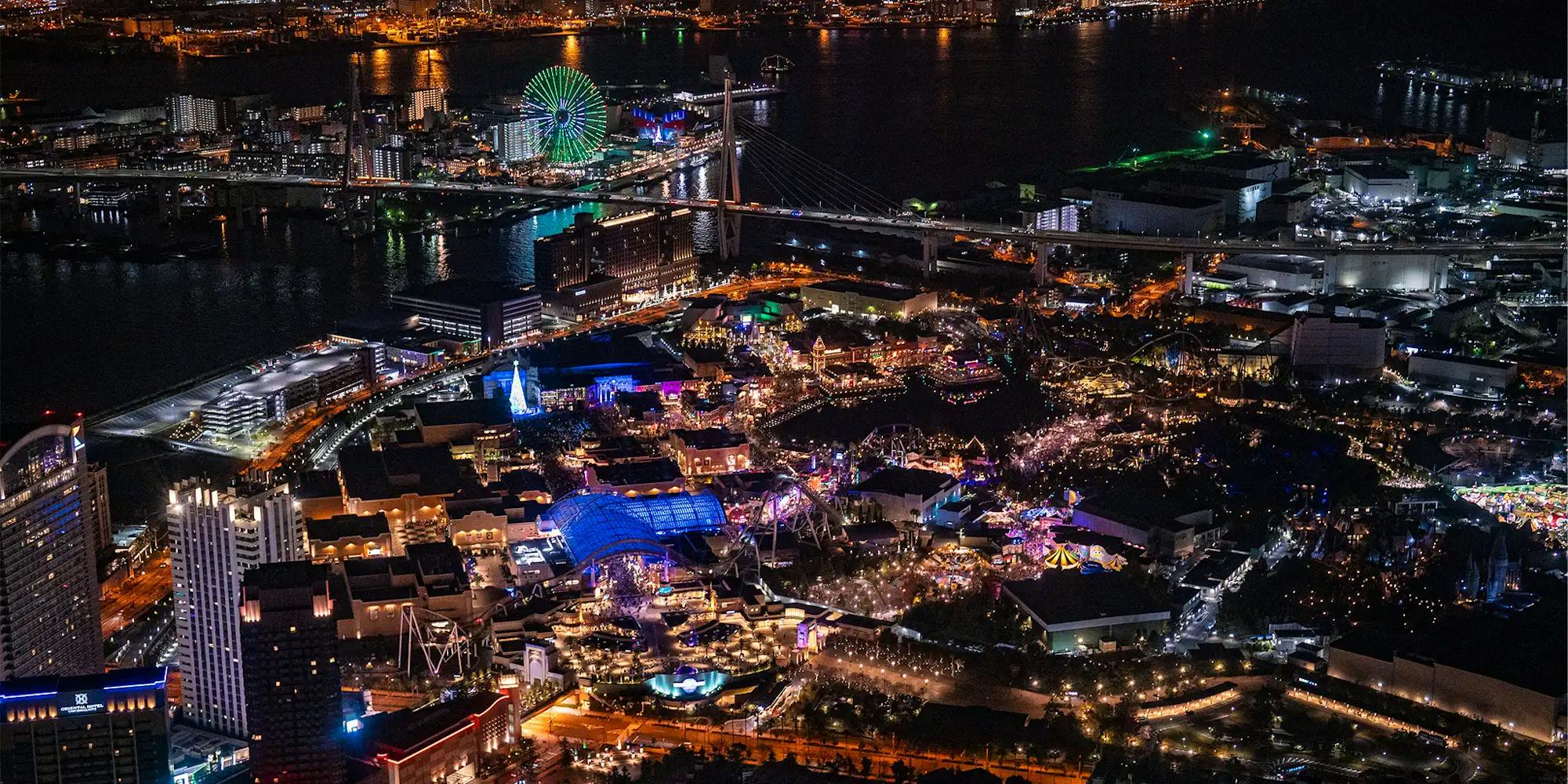 Night aerial view around Osaka Bay and the USJ area