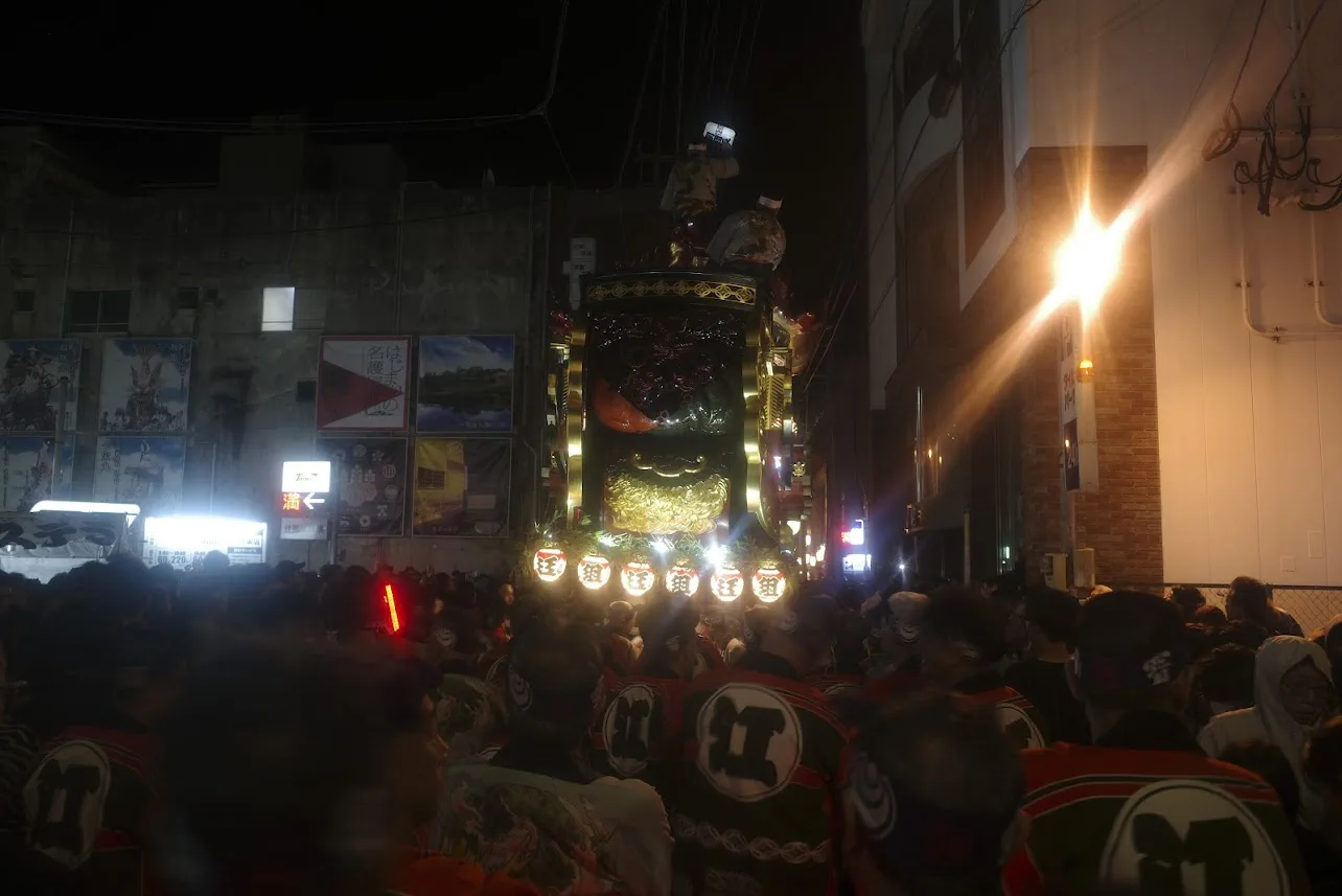 Karatsu Kunchi hikiyama float illuminated at night
