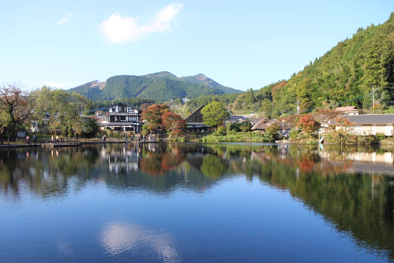 Lake Kinrin shoreline and autumn trees during a daytime Yufuin walk