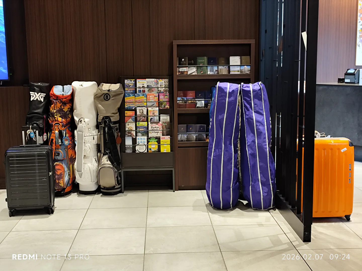 Large luggage in a Japanese hotel before choosing a Kawaguchiko autumn accommodation base