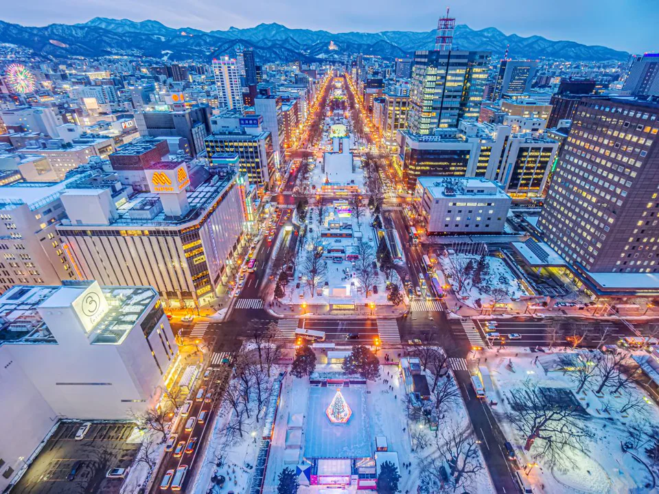 Central Sapporo and Odori Park illuminated in winter