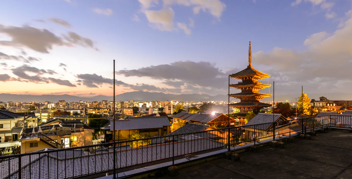 Kyoto at dusk as the single Kansai hotel base in a two-base 10-day Japan itinerary