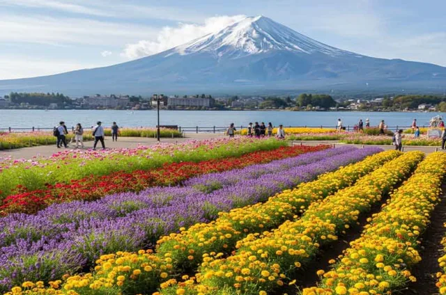 Mount Fuji above Oishi Park and Lake Kawaguchi on a day trip from Tokyo