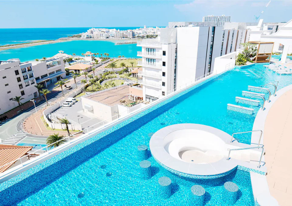 Lequ Okinawa Chatan Spa & Resort rooftop pool for a two-night American Village stay